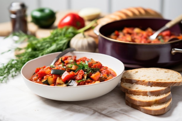 Zijaanzicht van ratatouille geserveerd met vers stokbrood