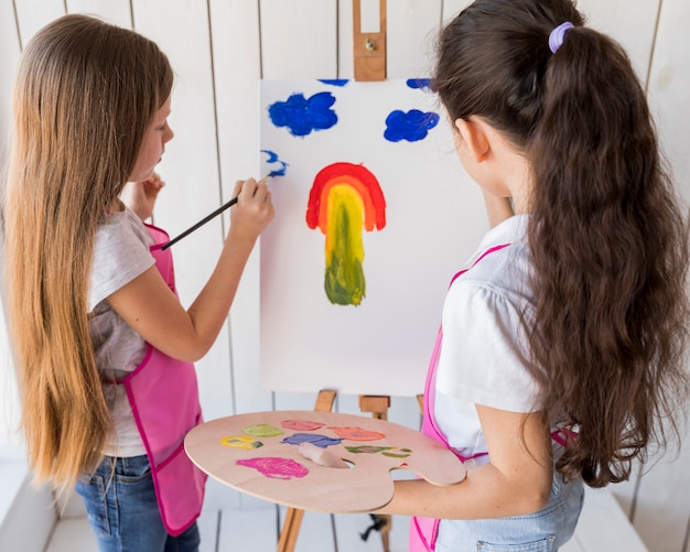 Zijaanzicht van twee meisjes die op het canvas met penseel schilderen