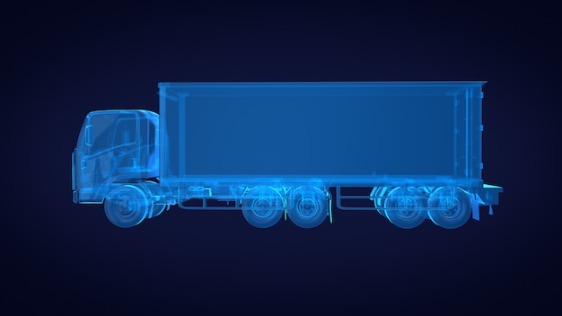 Zijaanzicht van vrachtwagen x ray blauwe transparant. 3D-rendering