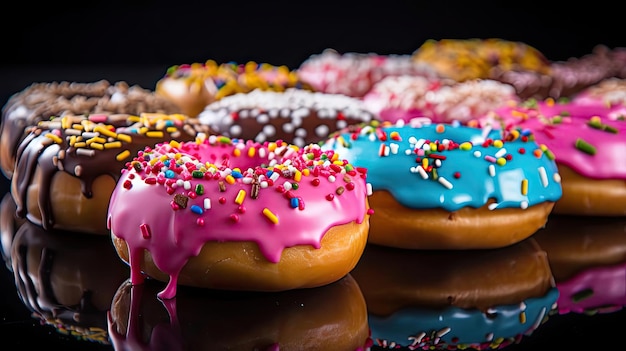 Zijaanzicht van zoete donuts gevuld met gesmolten chocolade en hagelslag met een onscherpe achtergrond