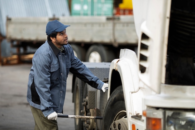 Foto zijaanzichtmens die vrachtwagen controleert