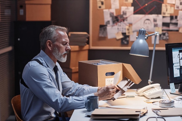 Foto zijaanzichtportret van knappe bebaarde detective die bewijsmateriaal bestudeert terwijl hij op de werkplek zit in een donkere kantoorkopieerruimte