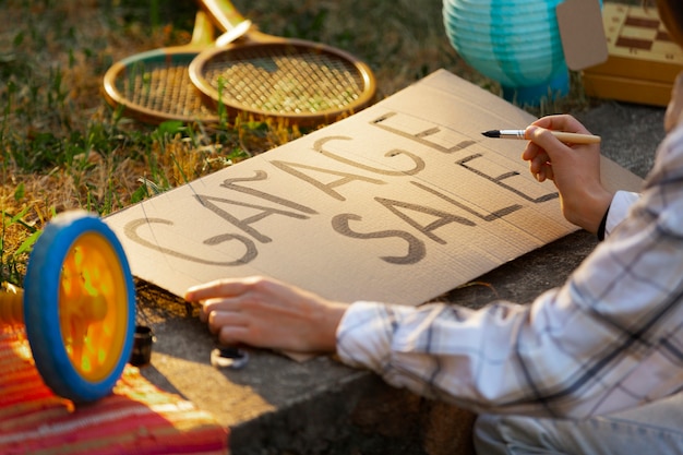 Foto zijaanzichtvrouw bij garage sale