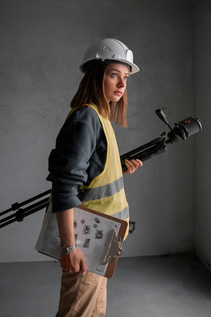 Foto zijaanzichtvrouw die als ingenieur werkt