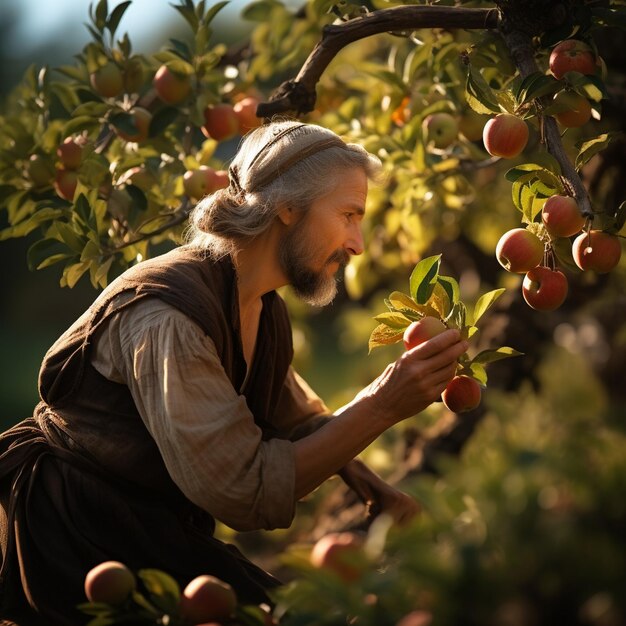 Foto zijdebeeld man die appels plukt