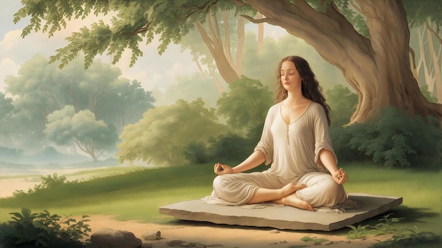 Zijdebeeld vrouw die in de natuur mediteert