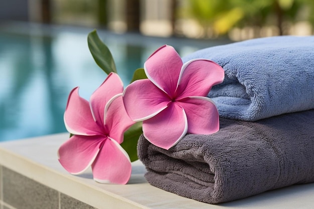 Zijdelingse bloemblaadjes naast handdoeken