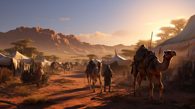 Zijderoutehandelaars in een woestijnoase met kamelen