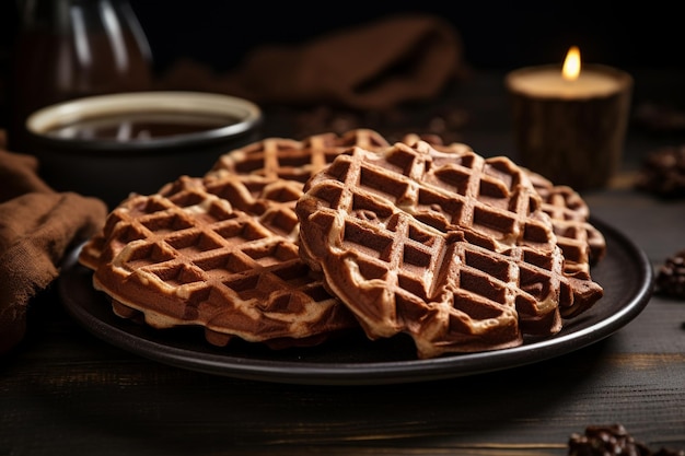 Zijkant van chocoladekoekjes en knapperige wafels in het donker