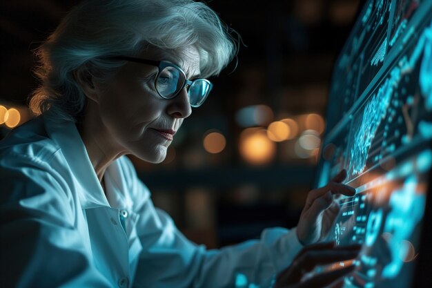 Foto zijkant van de moderne geneeskunde van een senior ervaren vrouwelijke arts die medische indicatoren onderzoekt en analyseert op een touchscreen monitor