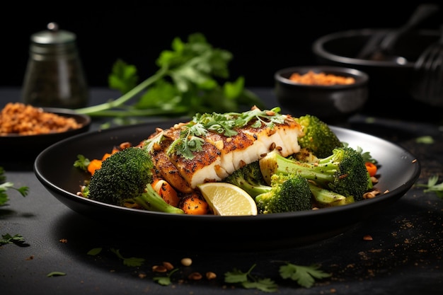 Zijkant van een gezonde maaltijd met broccoli en wortels op een zwart bord en specerijen op een grijze tafel
