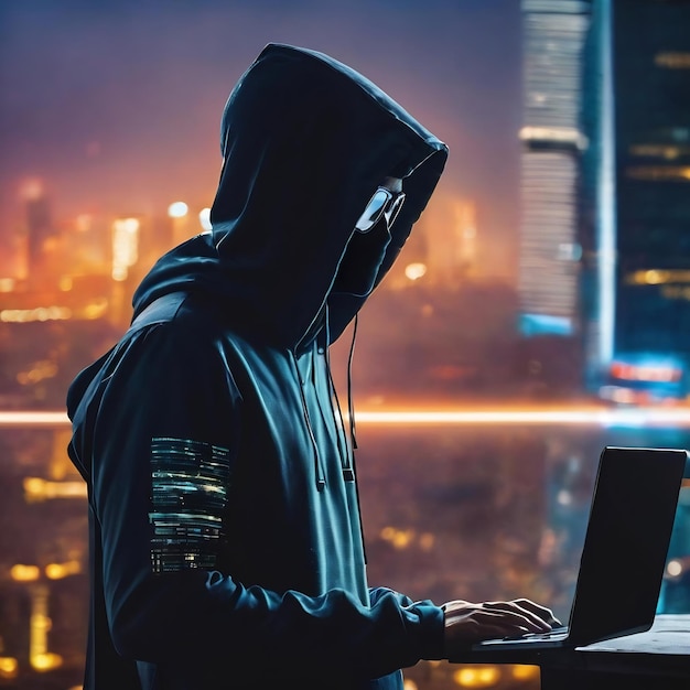 Zijkant van een hacker met een laptop op een wazige achtergrond van de stad met copy space hacking en attac