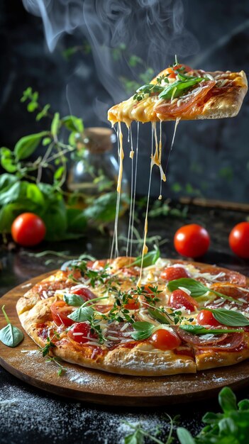 Zijkant van een Italiaanse pizza met kaas en tomaten kruiden specerijen en microgreens