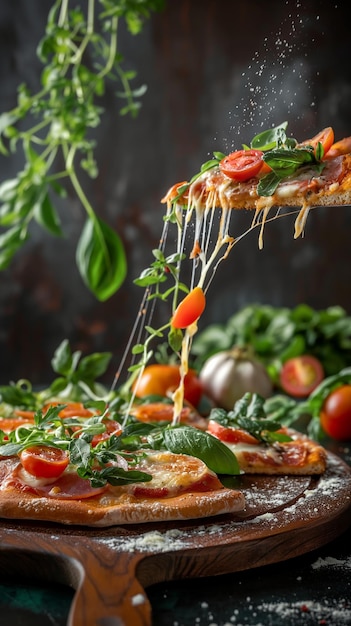 Foto zijkant van een italiaanse pizza met kaas en tomaten kruiden specerijen en microgreens