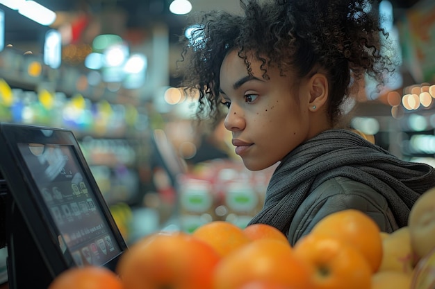 Foto zijkant van een jonge afro-amerikaanse vrouw die groenten of fruit weegt