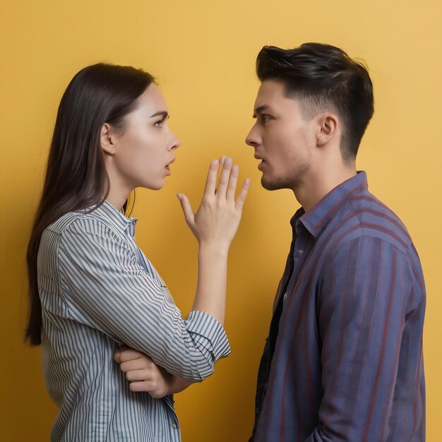 Zijkant van een jonge vrouw die tegen een gele achtergrond tegen zijn vriend schreeuwt