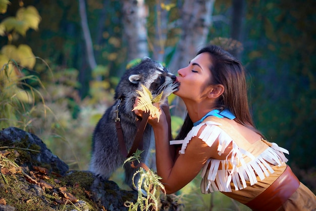 Foto zijkant van een jonge vrouw in traditionele kleding die een wasbeer zoent in het bos