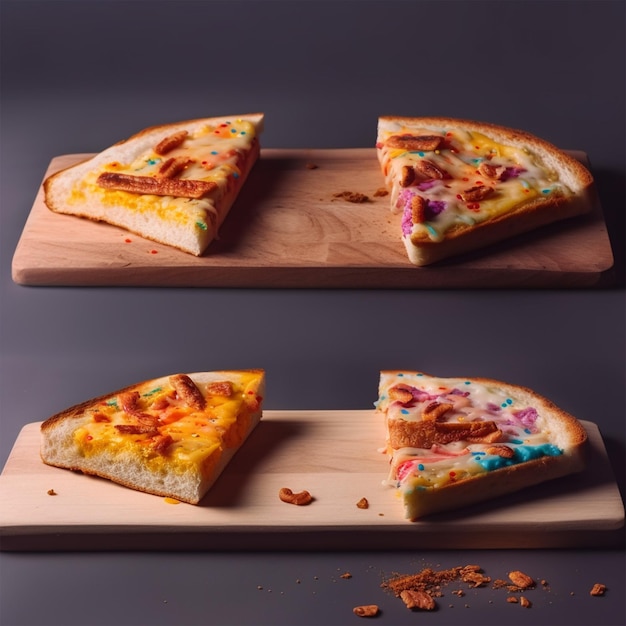 Zijkant van een stuk pizza op een houten plank