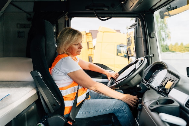 Zijkant van een vrouw die in een vrachtwagen zit