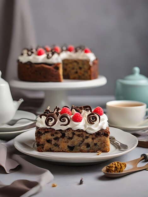 zijkant van fruitcake met chocoladecurle en slagroom op de tafel geserveerd met thee