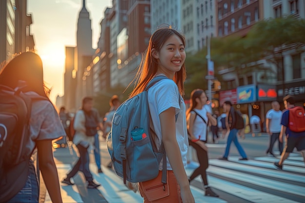 Zijkant van glimlach jong Aziatisch meisje met rugzak loopt in de straat van de stad