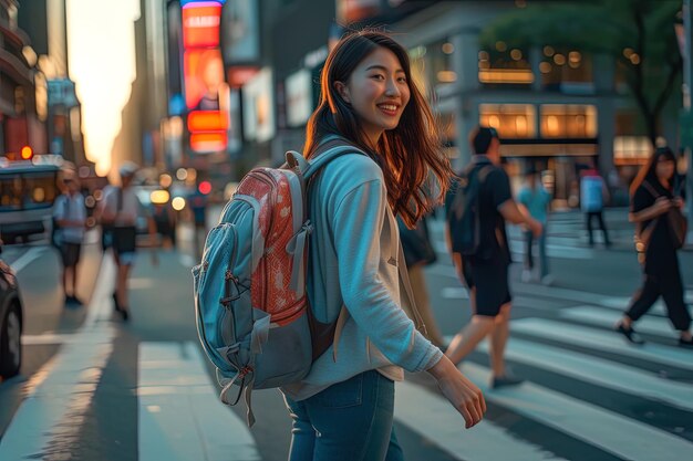 Zijkant van glimlach jong Aziatisch meisje met rugzak loopt in de straat van de stad
