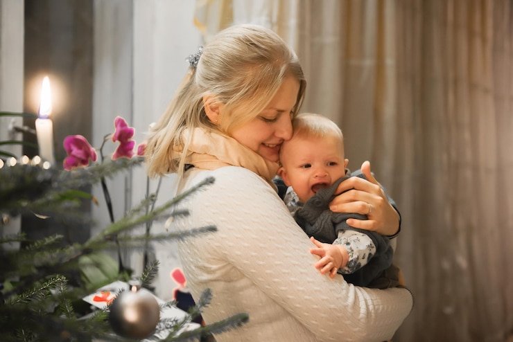 Foto zijkant van moeder die baby meisje bij kerstboom thuis draagt