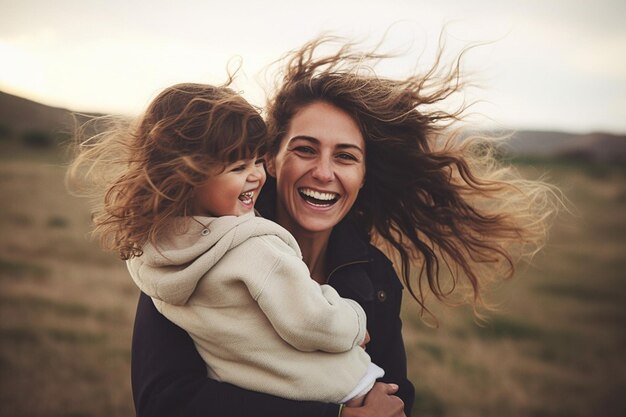 Foto zijkant van moeder die speelt met lachend baby meisje dat op haar knieën ligt en thuis tijd doorbrengt