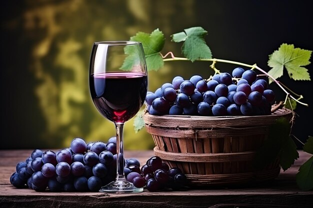 Zijkant van zwart druivensap in een glas en een schaal met rode druiven op een witte achtergrond