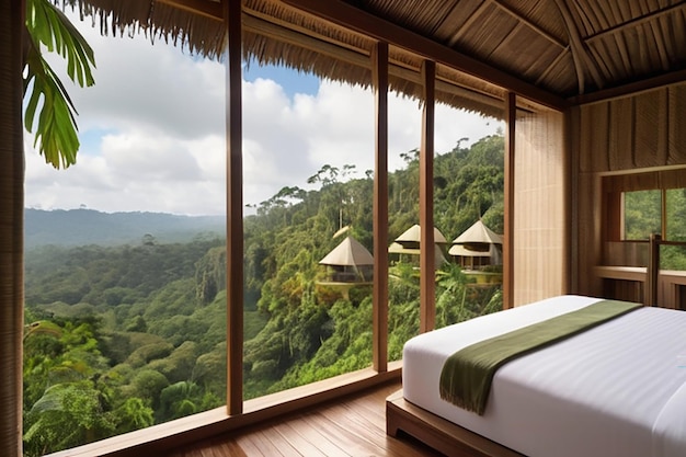 Zijkant zicht prachtig landschap zicht Regenwoud capsule cottages geïnspireerd door rietjes in het midden van het regenwoud