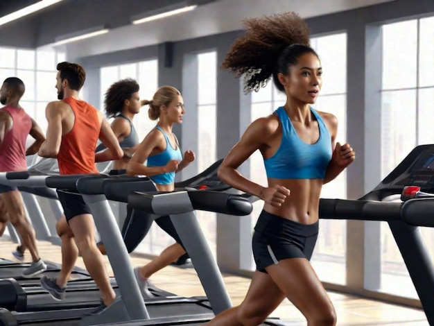 Zijkantbeeld van jonge vrouwelijke atleten die rennen of joggen op een loopband in een sportclub van een hotel