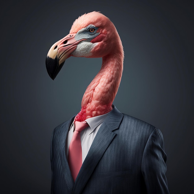 Zijportret van een flamingo die kleding draagt