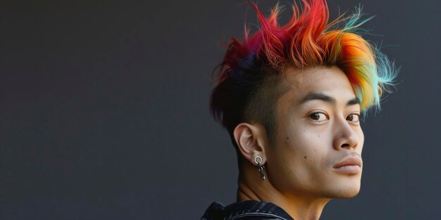 Zijportret van een jonge Aziatische man met regenbooggekleurd mohawk haar en oorpiercings tegen een donkere achtergrond