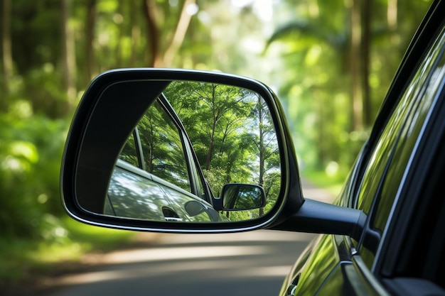 zijspiegel van een auto met een weerspiegeling van een auto erin.