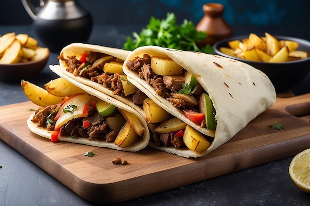 Zijuitzicht shawarma met gebakken aardappelen in bord kookgerei