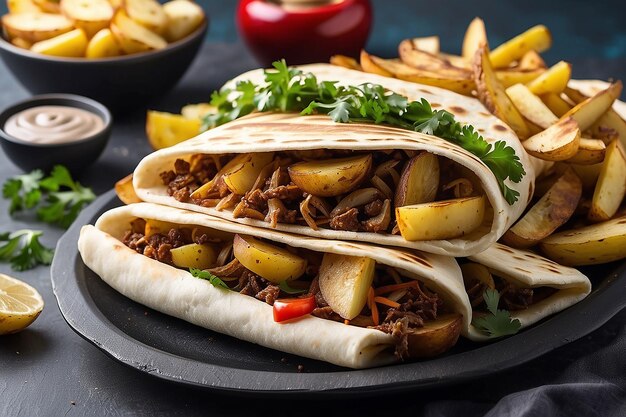 Zijuitzicht shawarma met gebakken aardappelen in bord kookgerei