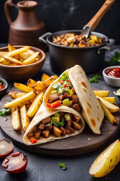 Zijuitzicht shawarma met gebakken aardappelen in bord kookgerei