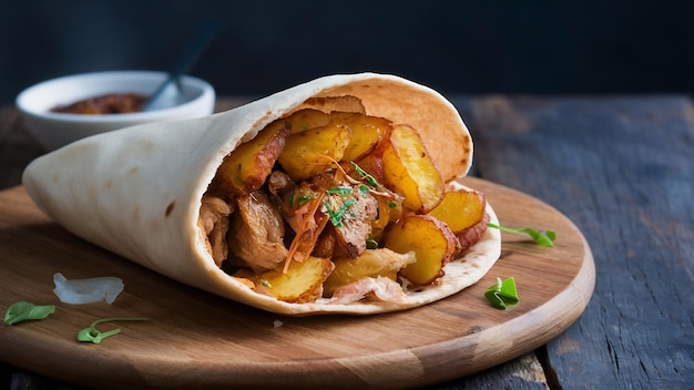 Zijuitzicht shawarma pita roll met kip en gebakken aardappelen