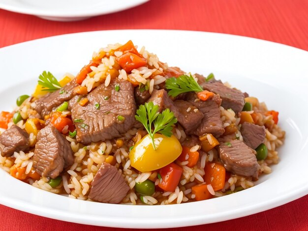 zijzicht pilaf met gestoofd rundvlees op een bord