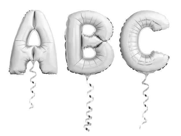 Zilveren chromen letters ABC gemaakt van opblaasbare ballonnen met linten geïsoleerd op een witte achtergrond