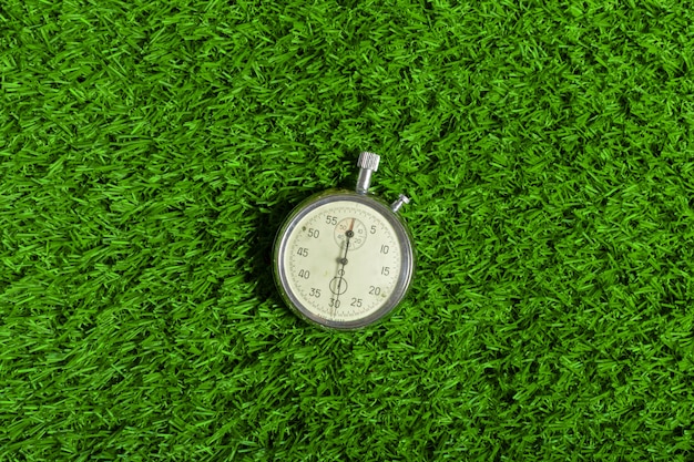 Zilveren chronometer op groen gras