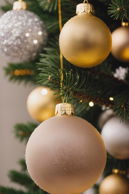 Zilveren en gouden kerstballen hangen met intreepupil lichten achtergrond