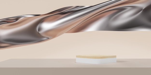 Zilveren kleur podium op zilveren stof vliegende golf Luxe achtergrond voor branding en productpresentatie 3D-rendering illustratie