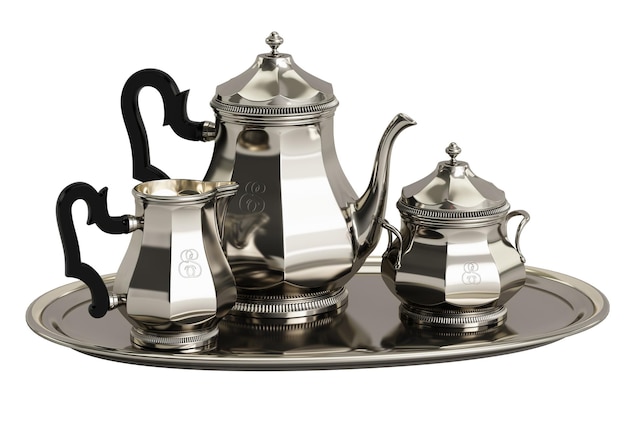 Zilveren koffieset geïsoleerd op een witte achtergrond Digitale illustratie3D-rendering