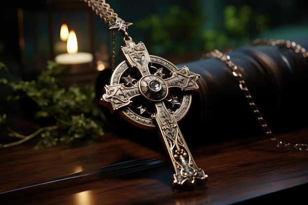 Zilveren kruis in slinger symboliseert spirituele verbinding generatieve IA