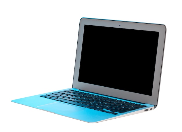 Zilveren laptop verlicht met blauwe tint