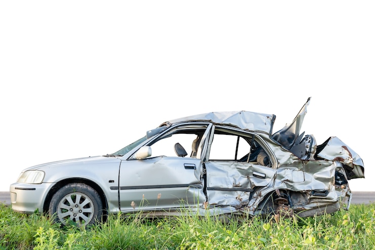 Foto zilveren moderne auto loopt per ongeluk ernstige schade op. geïsoleerd op wit. bespaar met uitknippad