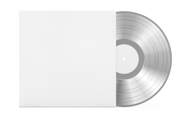 Foto zilveren oude vinyl record schijf in blanco papier geval met vrije ruimte voor uw ontwerp op een witte achtergrond. 3d-rendering