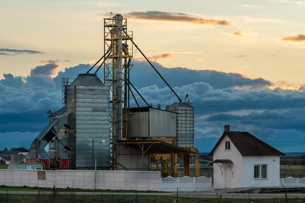 Zilveren silo's op agro-fabriek voor verwerking drogen reiniging en opslag van landbouwproducten meel granen en graan Grote ijzeren vaten graan Graanschuurlift