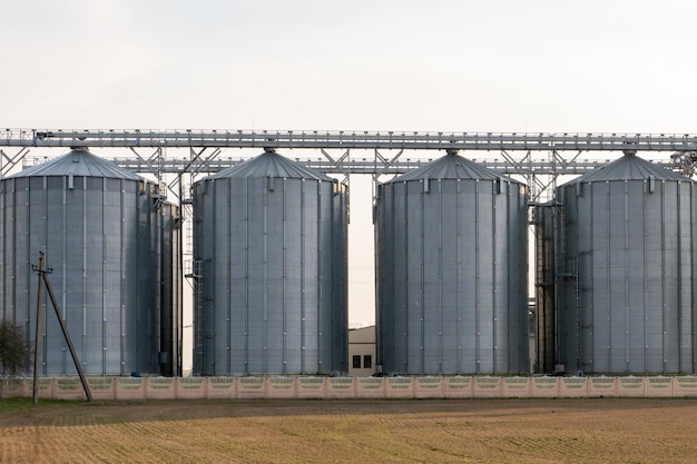 Foto zilveren silo's op agro-fabriek voor verwerking drogen reiniging en opslag van landbouwproducten meel granen en graan grote ijzeren vaten graan graanschuurlift